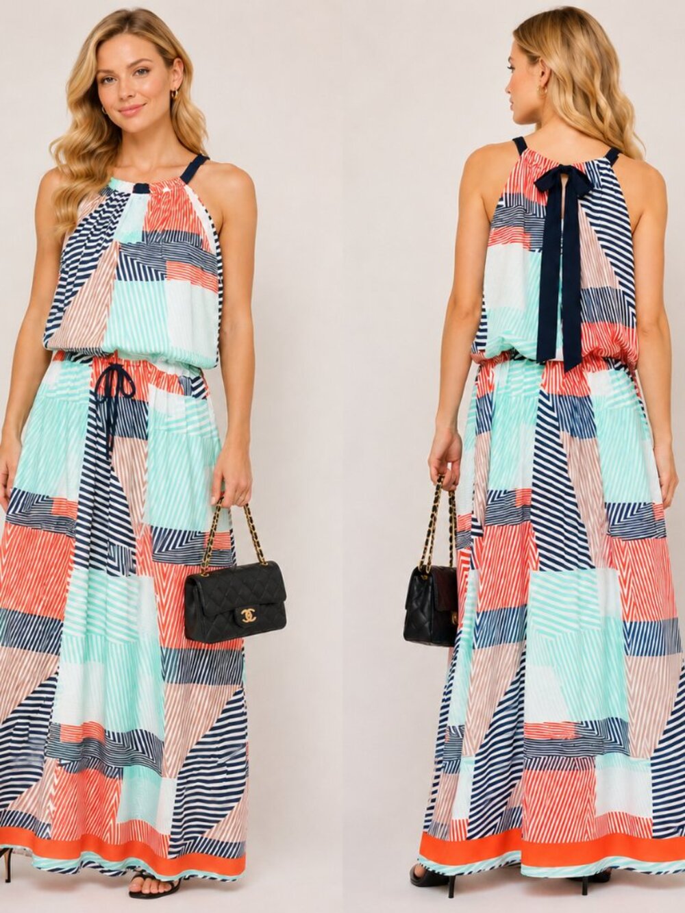 Vince Camuto Geometric Halter Maxi Dress Coral Mint Black Sleeveless Bow Tie 10 - Picture 9 of 9